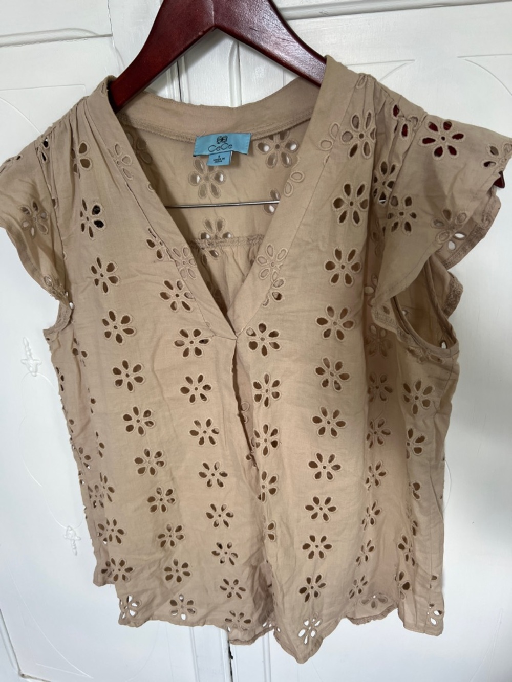 2/$7 Beige Eyelet V-Neck Top
